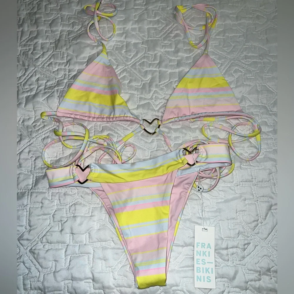 Frankie's Bikinis Pink and Yellow Striped Set